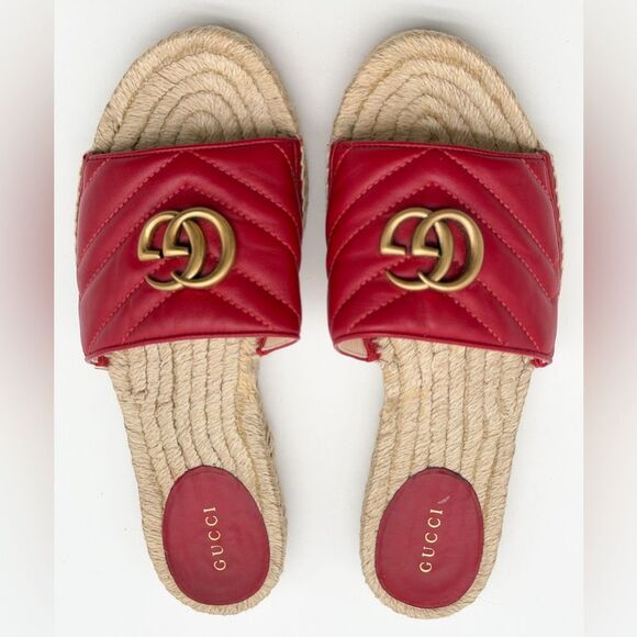 Gucci Pilar GG Marmont Leather Espadrille Slide Sandals Red Matelassé EU 38 US 8 - Picture 3 of 12